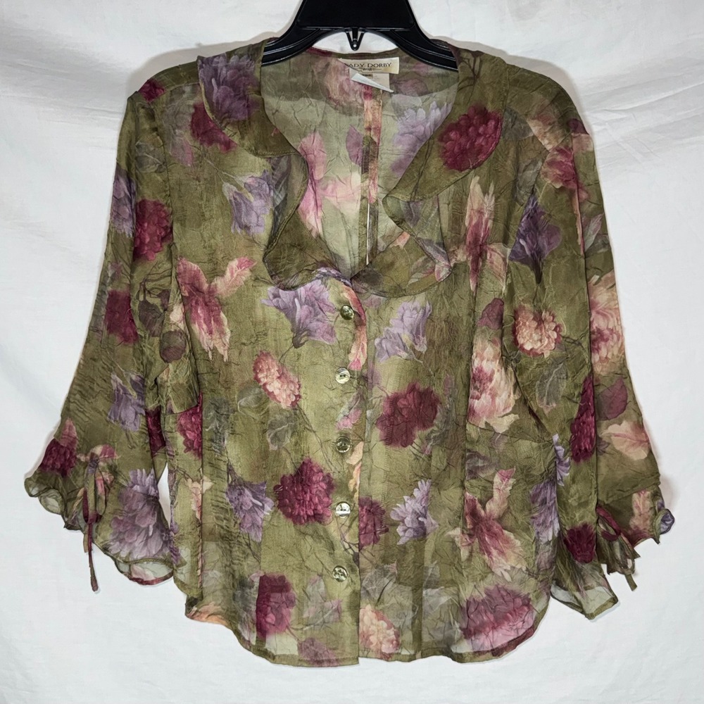 Vintage Whimsigoth Fairy Core Green Blouse 14WP Floral Sheer Ruffle Cottagecore
